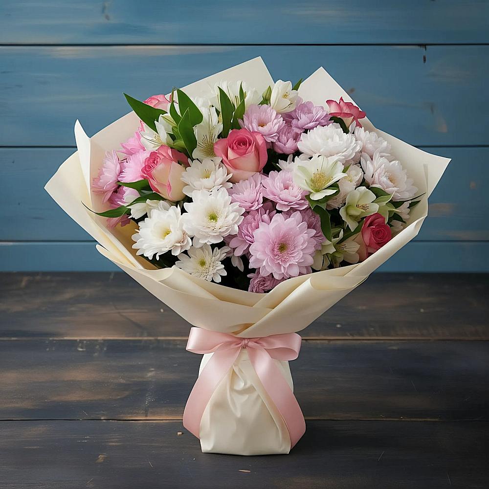 Букет цветов из: Хризантемы, Альстромерии и Розы в Зеленоборском